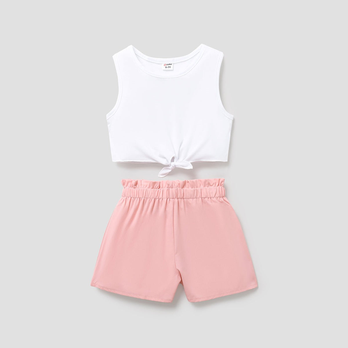 2pcs Kid Girl Tie Knot Sleeveless Tee and Elasticized Paperbag Shorts Set - Pink, 4-5 Years