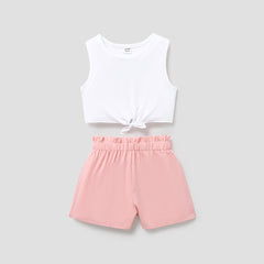 2pcs Kid Girl Tie Knot Sleeveless Tee and Elasticized Paperbag Shorts Set - Saddle Brown, 8-9 Years