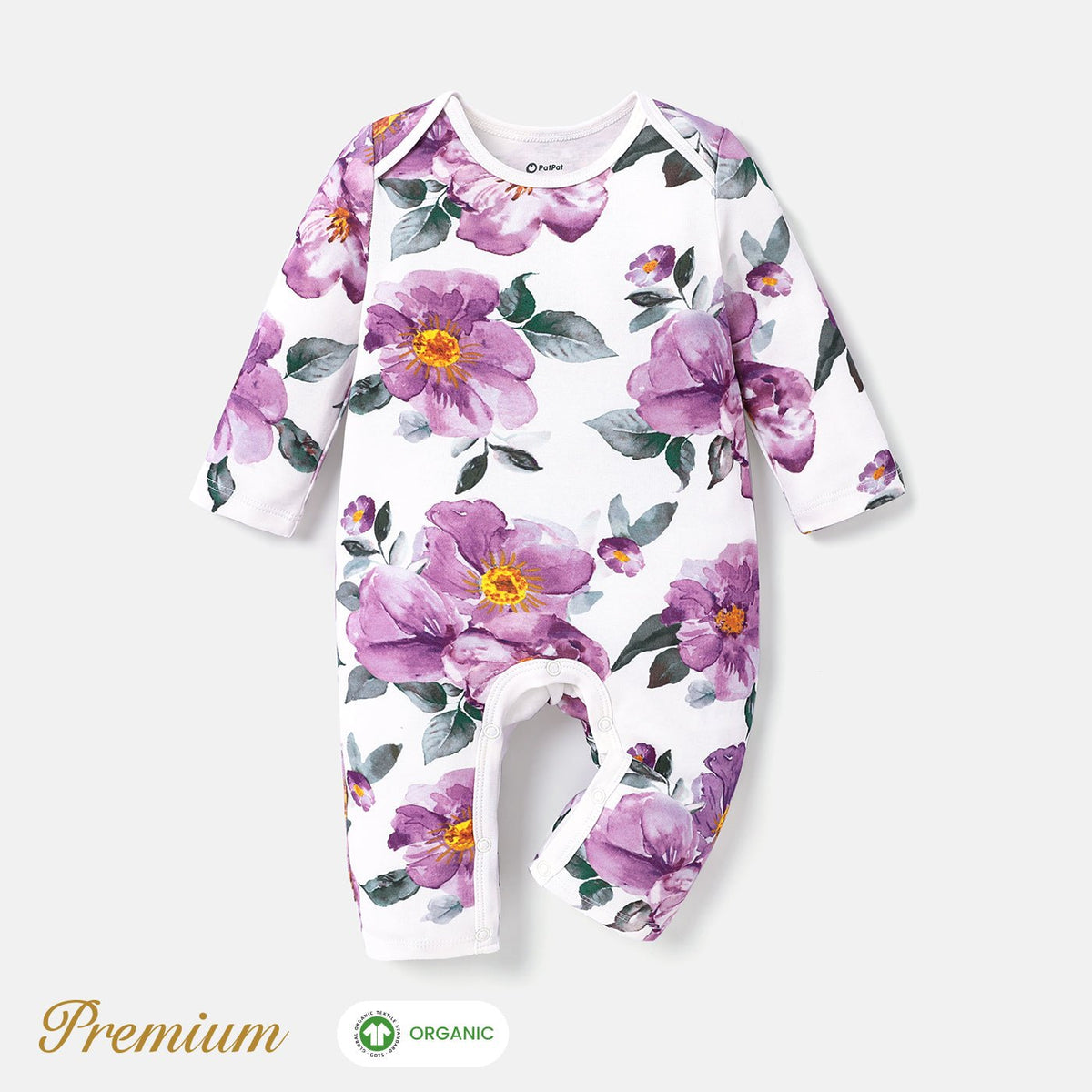 2pcs Long Sleeve Organic Cotton Baby Girl Jumpsuit Set with Big Floral Pattern - Purple, 9-12 Months