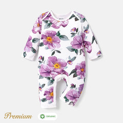 2pcs Long Sleeve Organic Cotton Baby Girl Jumpsuit Set with Big Floral Pattern - Purple, 12-18 Months