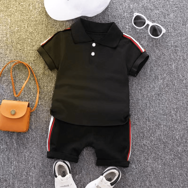 2pcs Toddler Boy Casual Colorblock Striped Polo Shirt and Shorts Set - Light Grey, 5-6 Years