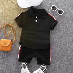 2pcs Toddler Boy Casual Colorblock Striped Polo Shirt and Shorts Set - Light Grey, 5-6 Years