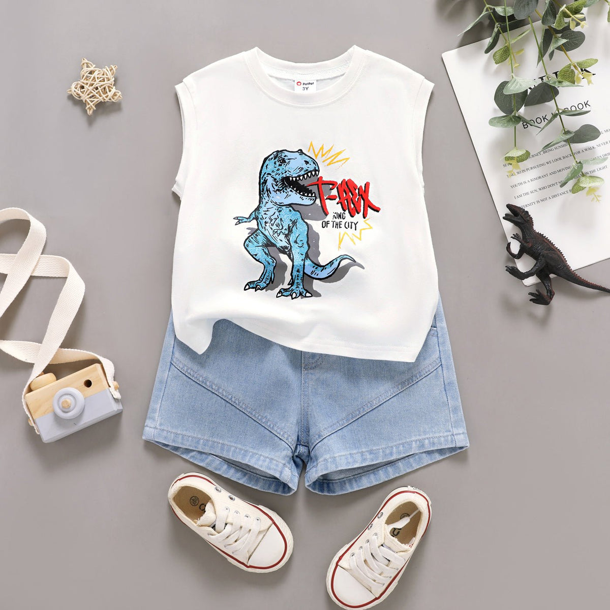 2pcs Toddler Boy Dinosaur Print Tank Top and Denim Shorts Set - White, 1-2 Years