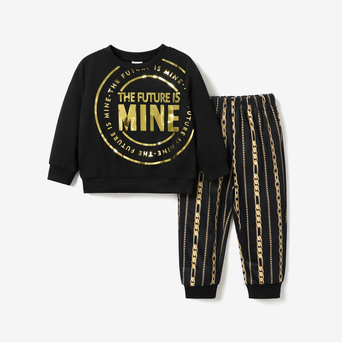 2pcs Toddler Boy Gold and Letter Pattern Set - Black, 1-2 Years