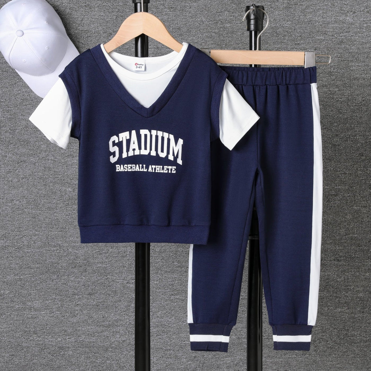 2pcs Toddler Boy Letters Print 2 In 1 Sports Top and Pants Set - Dark Blue, 3-4 Years