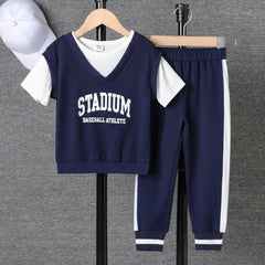 2pcs Toddler Boy Letters Print 2 In 1 Sports Top and Pants Set - Dark Blue, 2-3 Years