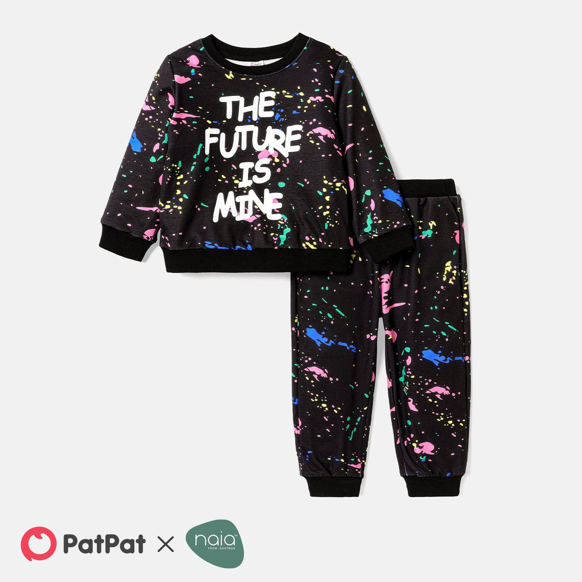 2pcs Toddler Boy Naia Letter Painting Print Sweatshirt and Elasticized Pants Set - Black, 1-2 Years