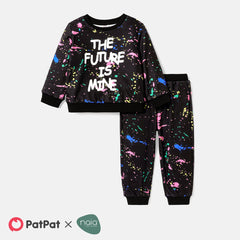 2pcs Toddler Boy Naia Letter Painting Print Sweatshirt and Elasticized Pants Set - Black, 1-2 Years