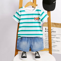 2pcs Toddler Boy Vehicle Print Stripe Short-sleeve Tee and 95% Cotton Denim Shorts Set - Green, 2-3 Years