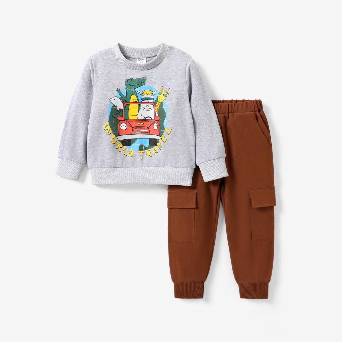 2pcs Toddler Boy's  Solid Color Cute Animal Giraffe Pattern Top and Pants Sets - Grey, 5-6 Years