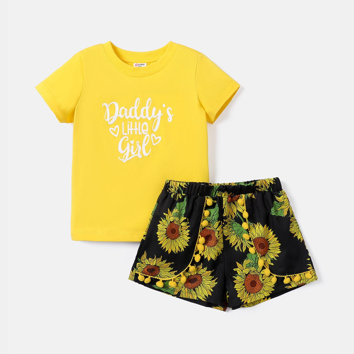 2pcs Toddler Girl 100% Cotton Letter Graphic Short-sleeve Tee and Allover Sunflower Print Pom Poms Shorts Set - Yellow, 5-6 Years