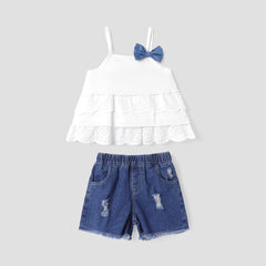 2pcs Toddler Girl Bowknot Design Schiffy Design Camisole and Ripped Denim Shorts Set - White, 1-2 Years