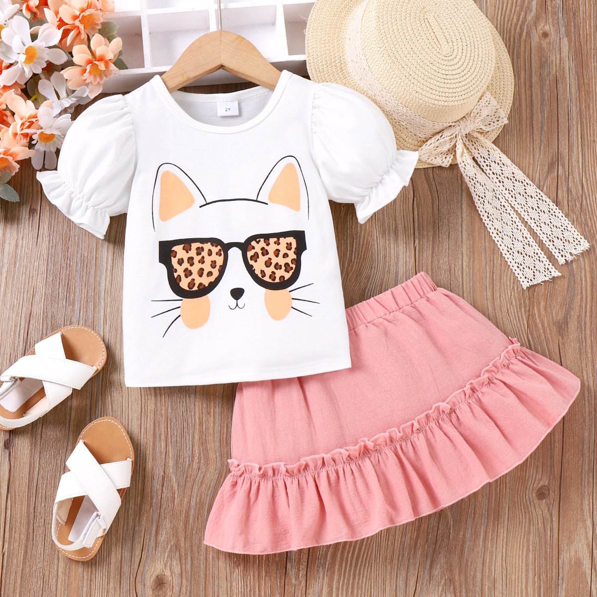 2pcs Toddler Girl Cat Pattern Puff-sleeve Top and Ruffle Solid Skirt Set - Pink, 5-6 Years