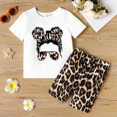 2pcs Toddler Girl Figure Print Short-sleeve Tee and Leopard Print Shorts Set - White, 1-2 Years
