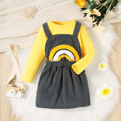 2pcs Toddler Girl Rainbow Pattern Long Sleeve Belt Suit-Dress - Yellow, 2-3 Years