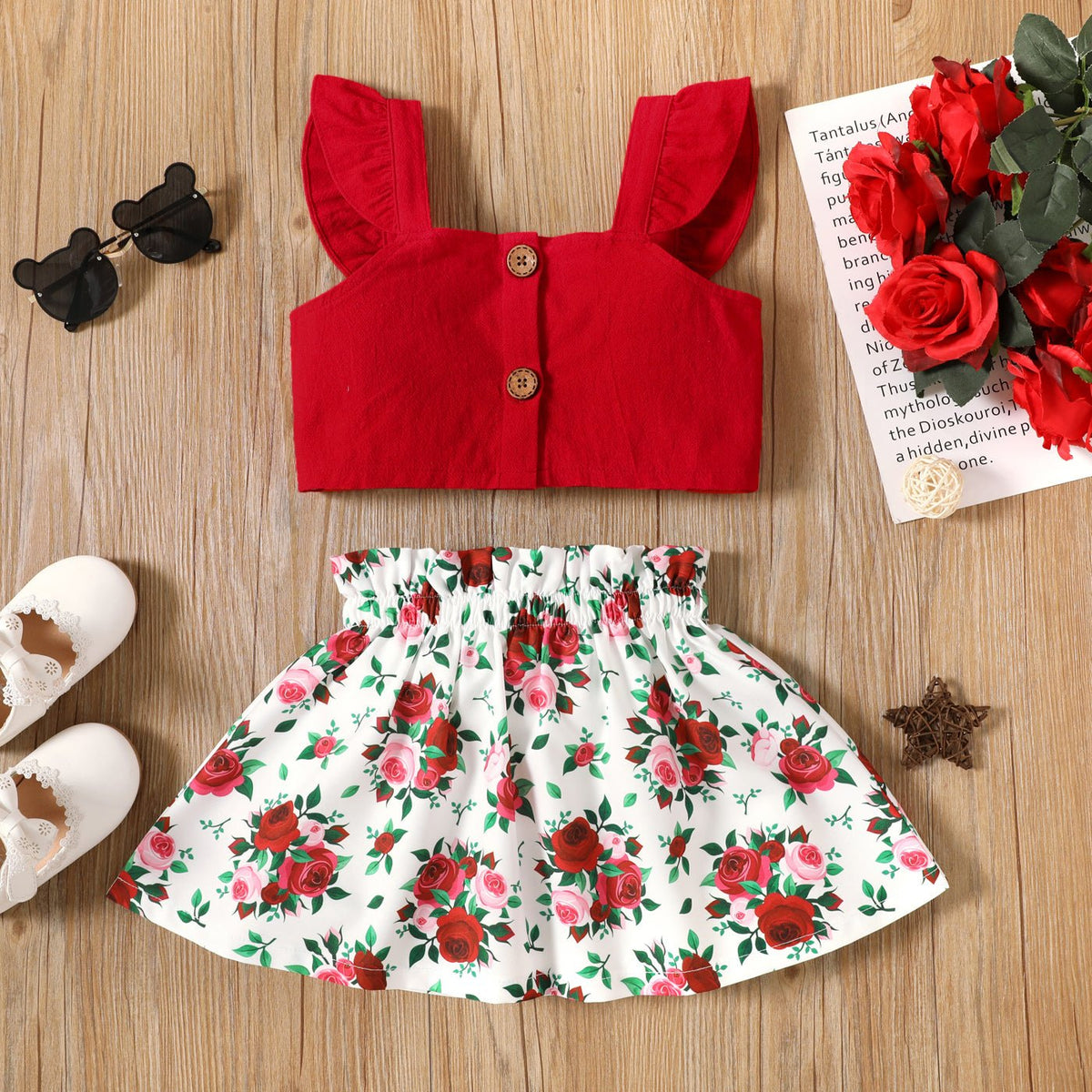2pcs Toddler Girl Ruffled Camisole and Floral Print Skirt Set - Red, 18-24 Months