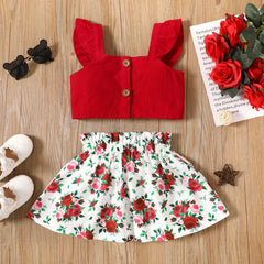 2pcs Toddler Girl Ruffled Camisole and Floral Print Skirt Set - Red, 18-24 Months