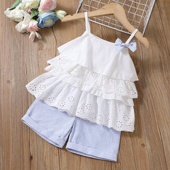 2pcs Toddler Girl Sweet 100% Cotton Bowknot Design Layered Camisole and Stripe Shorts Set - White, 3-4 Years