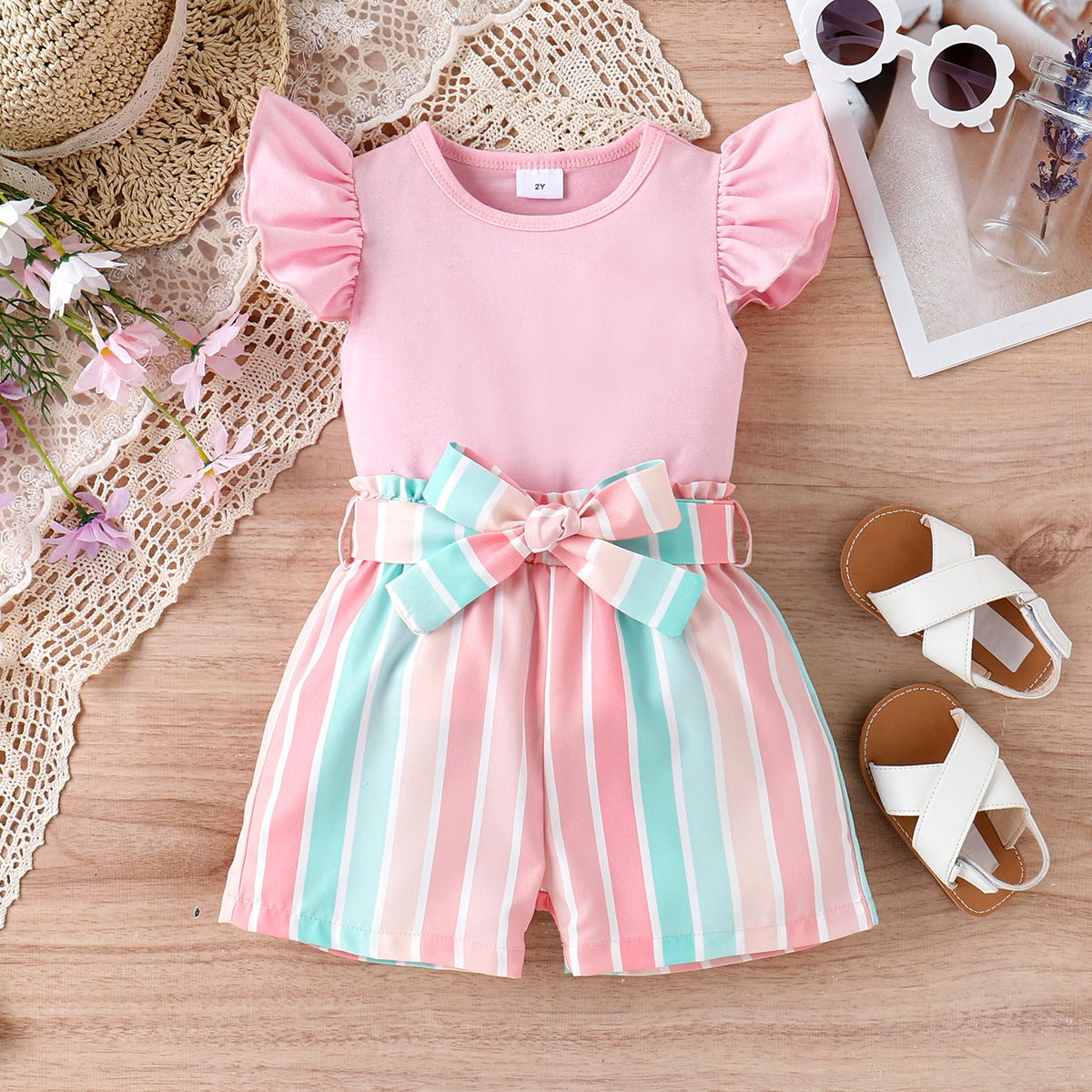 2pcs Toddler Girl Sweet Flutter-sleeve Tee and Stripe Belted Shorts Set - Pink, 5-6 Years
