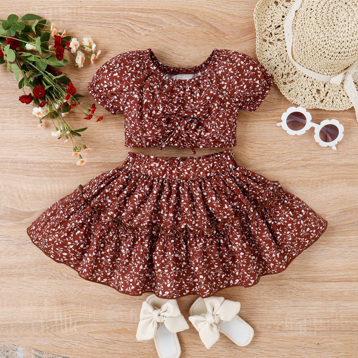 2pcs Toddler Girl Trendy Floral Print Tee and Layered Skirt Set - Red, 3 Years