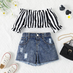 2pcs Toddler Girl Trendy Off-Shoulder Stripe Top and Ripped Denim Shorts Set - 4-5 Years, white