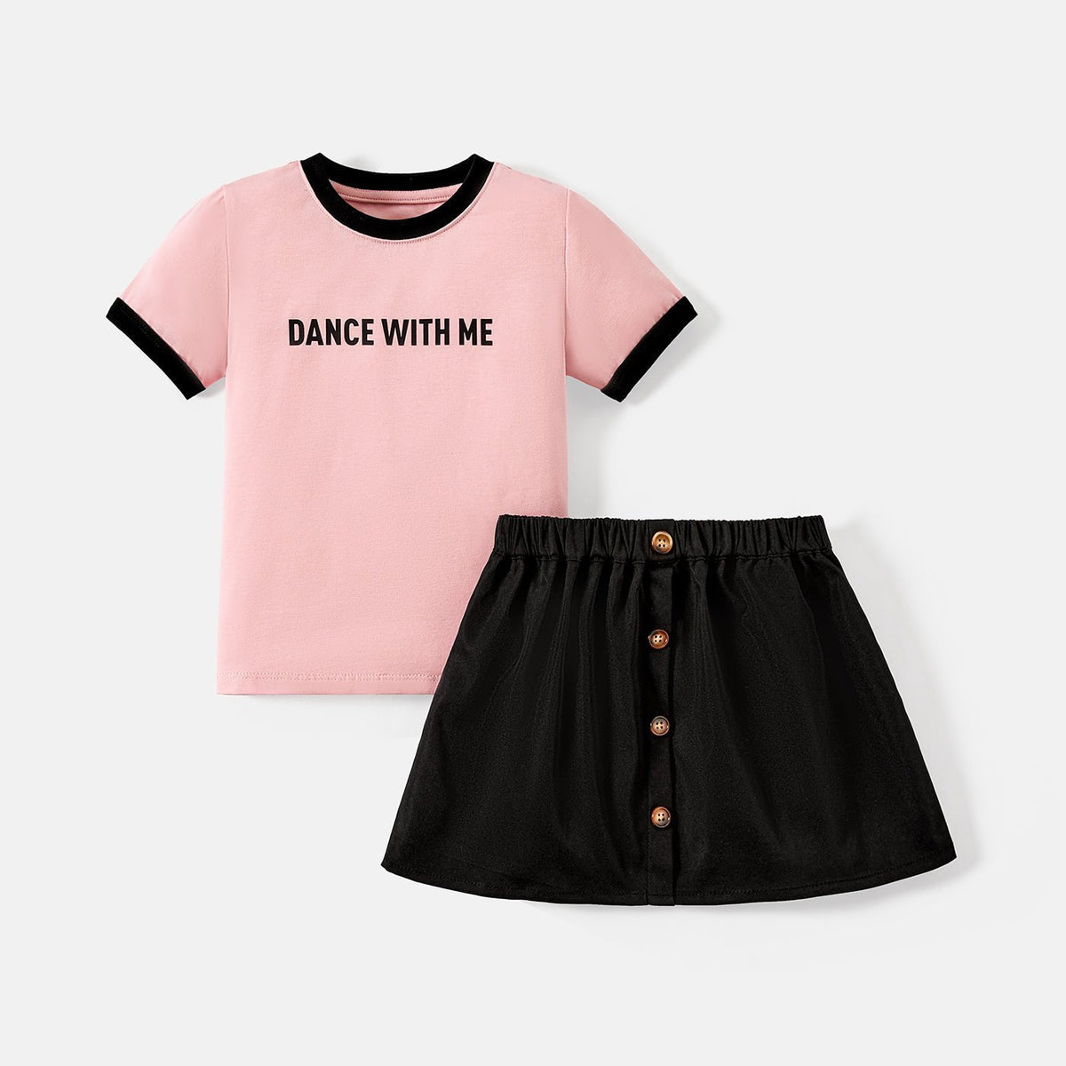 2pcs Toddler/Kid Girl Letter Print Short-sleeve Tee and Button Design Skirt Set - Pink, 3-4 Years