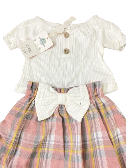2pcs Baby Girl Ribbed Front Buttons Ruffle Puff-sleeve Top and Bow Decor Plaid Skirt Set - 9-12 Months, PinkyWhite