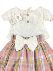 2pcs Baby Girl Ribbed Front Buttons Ruffle Puff-sleeve Top and Bow Decor Plaid Skirt Set - 9-12 Months, PinkyWhite