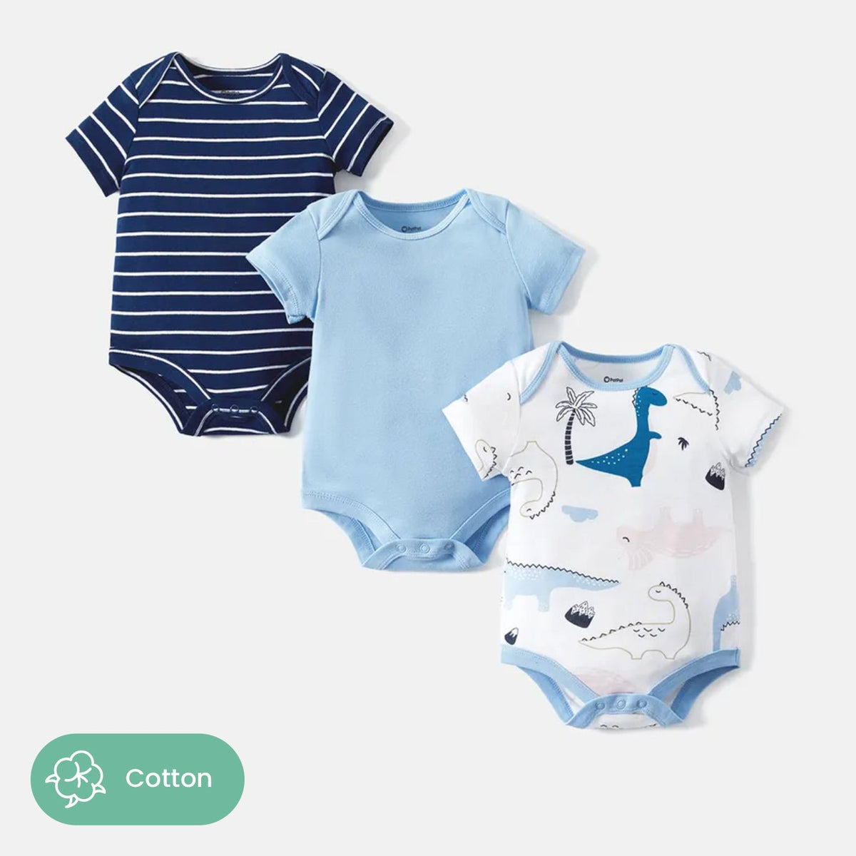 3-Pack Baby Girl/Boy Dinosaur Print/Stripe/Solid Color Short-sleeve Rompers - Blue, 9-12 Months