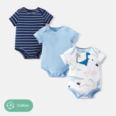3-Pack Baby Girl/Boy Dinosaur Print/Stripe/Solid Color Short-sleeve Rompers - Blue, 9-12 Months