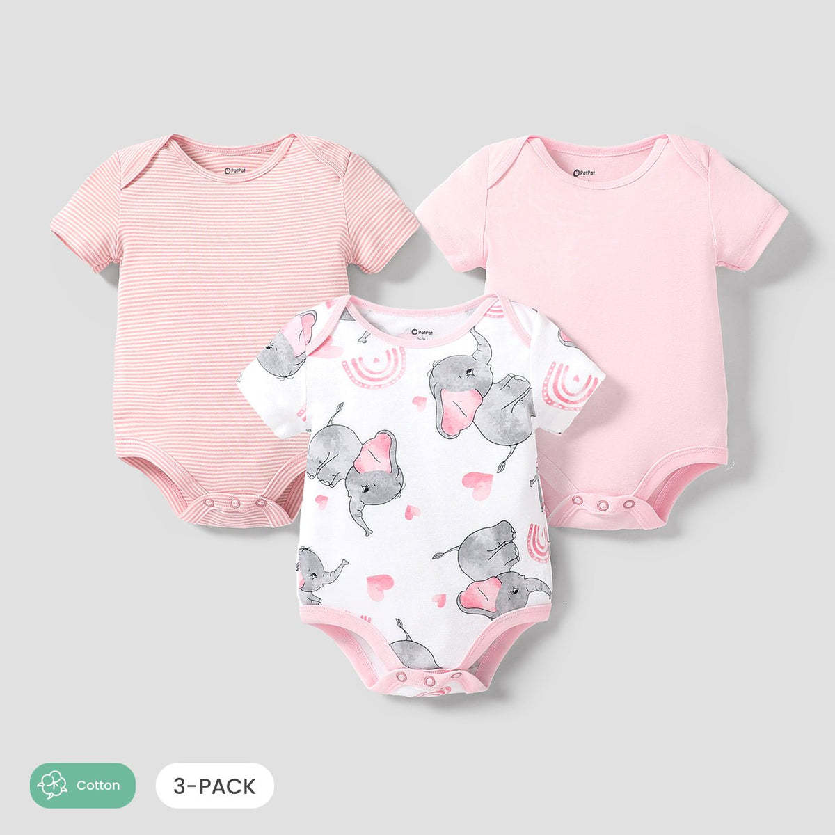 3-Pack Baby Girl/Boy Elephant Print/Solid Color Short-sleeve Rompers - Pink, 12-18 Months