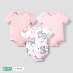 3-Pack Baby Girl/Boy Elephant Print/Solid Color Short-sleeve Rompers - Pink, 9-12 Months