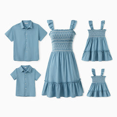 Family Matching Sets Solid Color Shirt or Shirred Top Geometric Design Ruffle Hem Strap Dress - Blue, 8-9 Years
