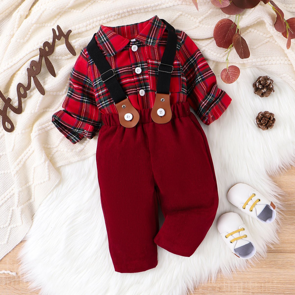 3pcs Baby Boy Grid/Houndstooth Pattern and Lapel Set - Red, 18-24 Months