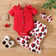 3pcs Baby Girl 95% Cotton Button Up Ribbed Bodysuit & Heart Print Flared Pants & Headband Set - Red, 3-6 Months