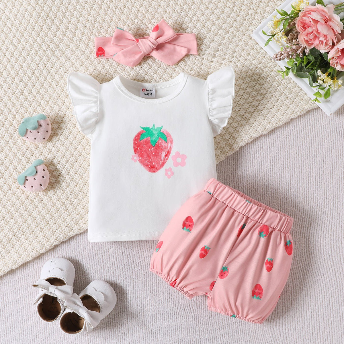 3pcs Baby Girl 95% Cotton Strawberry Pattern Ruffle Top and Shorts & Headband Set - Pink, 3-6 Months