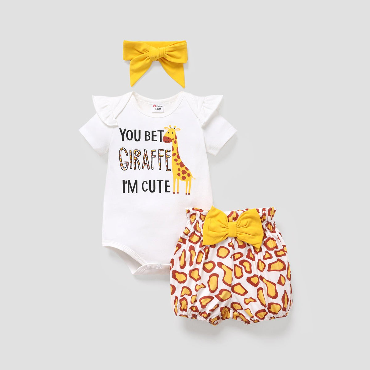 3pcs Baby Girl Cotton Short-sleeve Giraffe & Letter Graphic Romper and Bow Front Naia™ Bloomer Shorts & Headband Set - Yellow, 0-3 Months