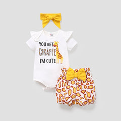 3pcs Baby Girl Cotton Short-sleeve Giraffe & Letter Graphic Romper and Bow Front Naia™ Bloomer Shorts & Headband Set - Yellow, 0-3 Months