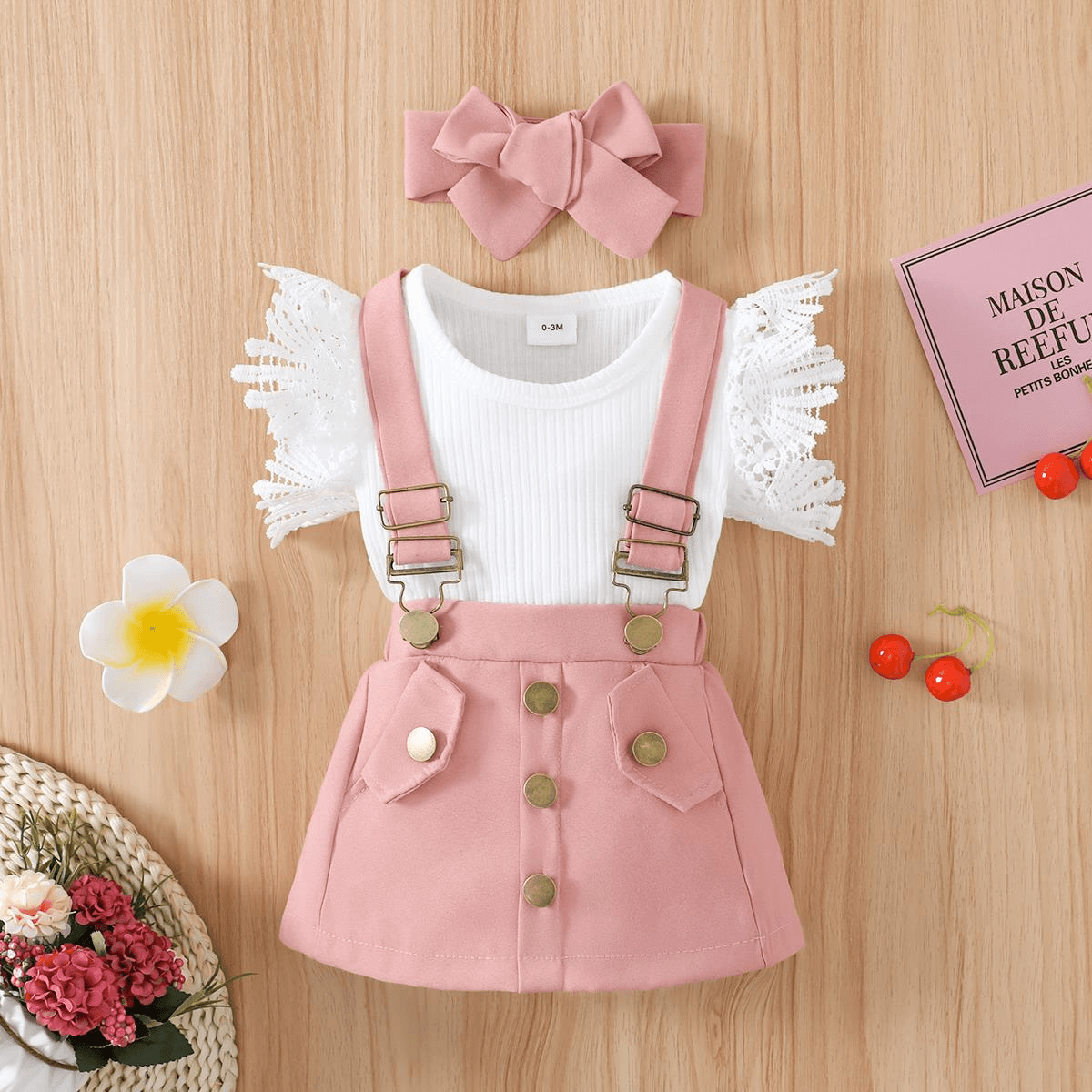 3pcs Baby Girl Lace Flutter-sleeve Ribbed Romper and Suspender Skirt with Headband Set - Pink, 9-12 Months