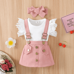 3pcs Baby Girl Lace Flutter-sleeve Ribbed Romper and Suspender Skirt with Headband Set - Pink, 9-12 Months