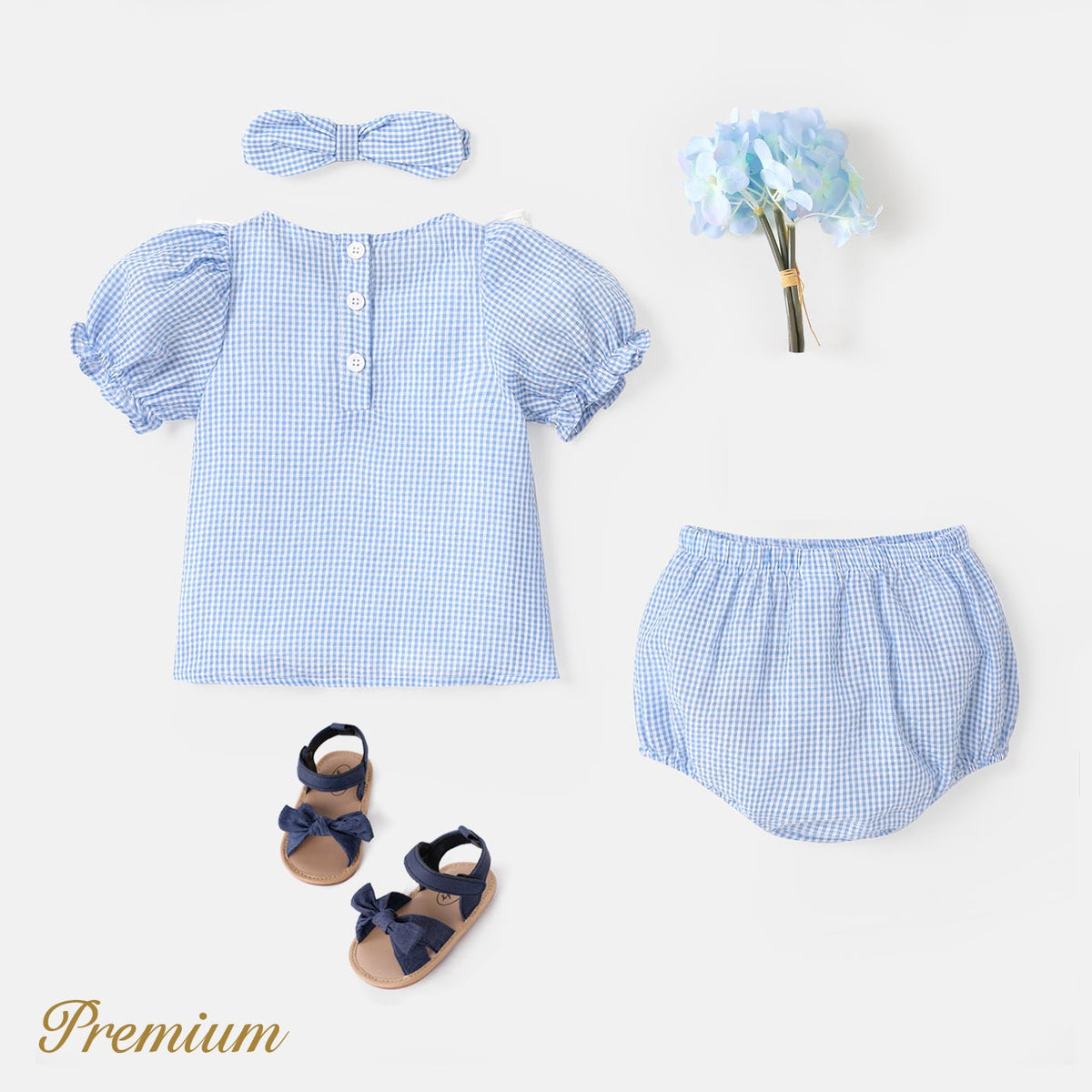 3pcs Baby Girl Letter Embroidered Square Neck Plaid Top and Shorts and Headband Set - Sky Blue, 18-24 Months