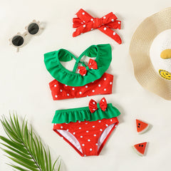 3pcs Baby Girl Polka Dots Bow Decor Colorblock Ruffle Two-piece Swimsuit & Headband Set - Red, 18-24 Months