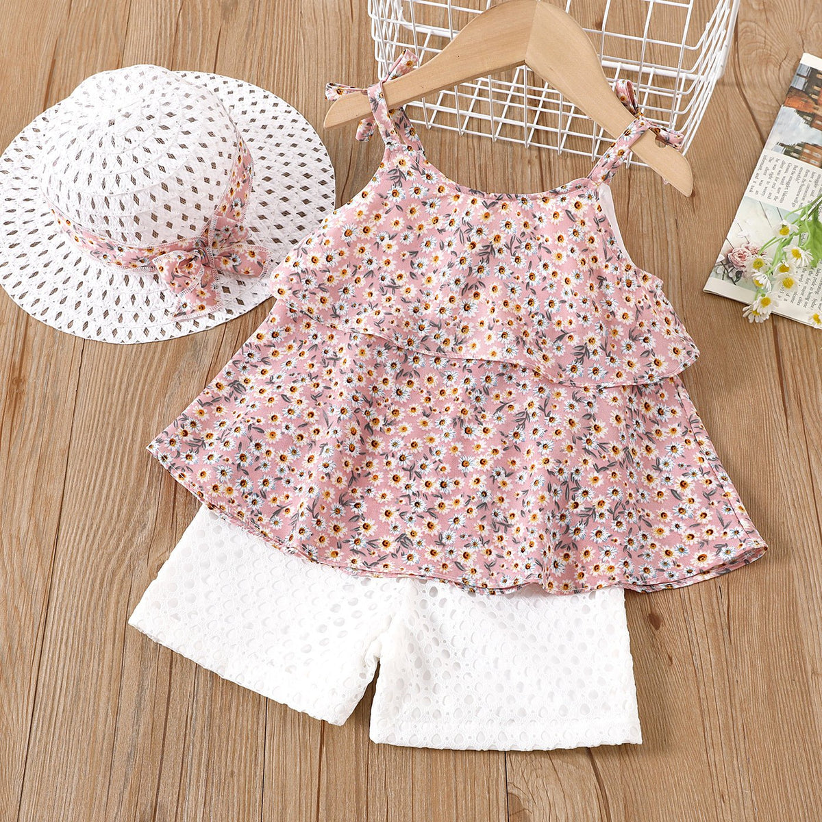 3pcs Toddler Girl Straw Hat & Floral Print Ruffled Chiffon Camisole and White Shorts Set - Pink, 5-6 Years