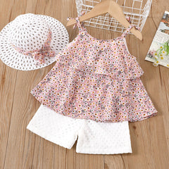 3pcs Toddler Girl Straw Hat & Floral Print Ruffled Chiffon Camisole and White Shorts Set - Pink, 4-5 Years