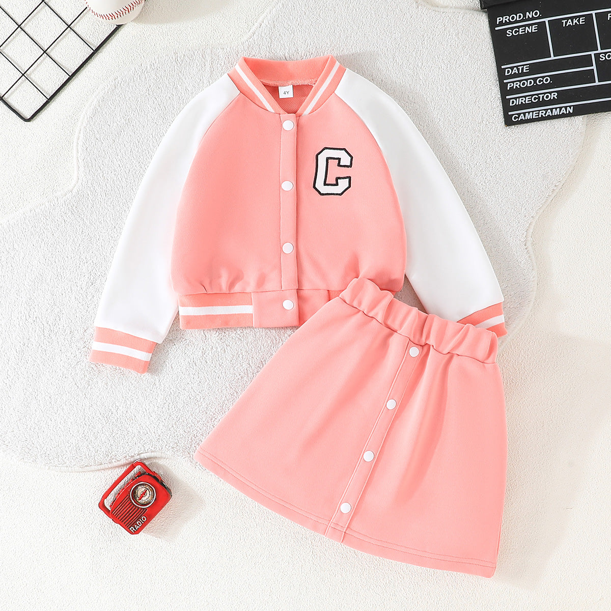 Color Block Baseball Jacket Set - Pink, 4-5 Years