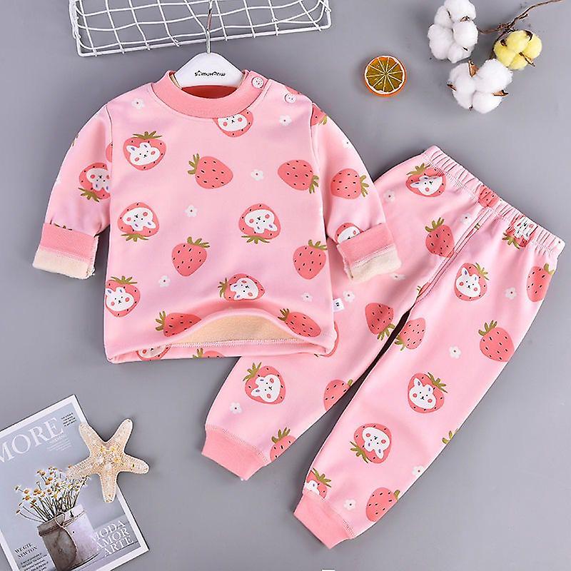 Strawberry Printed Velvet Warm Pajama Set for Infants - Pink, 6-7 Years