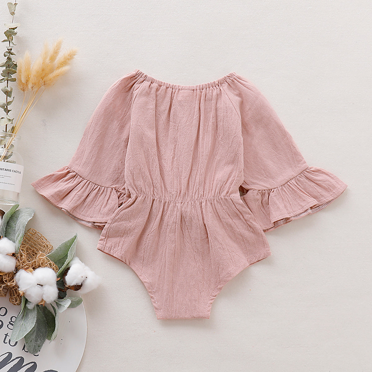 100% Cotton Solid Bowknot Decor Long-sleeve Baby Romper - Bisque, 0-3 Months
