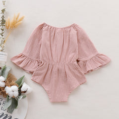 100% Cotton Solid Bowknot Decor Long-sleeve Baby Romper - Bisque, 6-9 Months