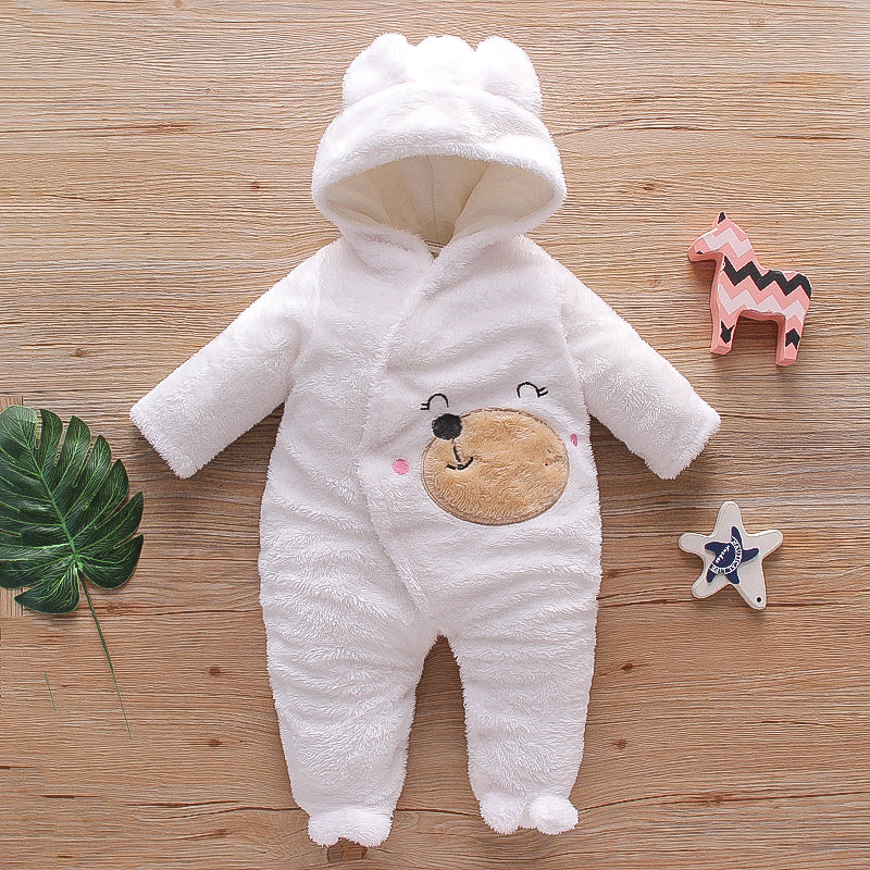 Bear Design Fleece Hooded Footed/footie Long-sleeve Baby Jumpsuit - White, 18-24 Months