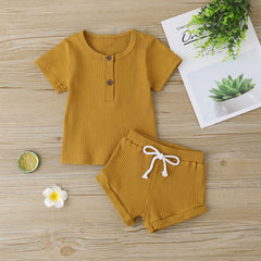 2pcs Baby Boy/Girl 95% Cotton Ribbed Short-sleeve Button Up Top and Shorts Set - Bisque, 3-6 Months
